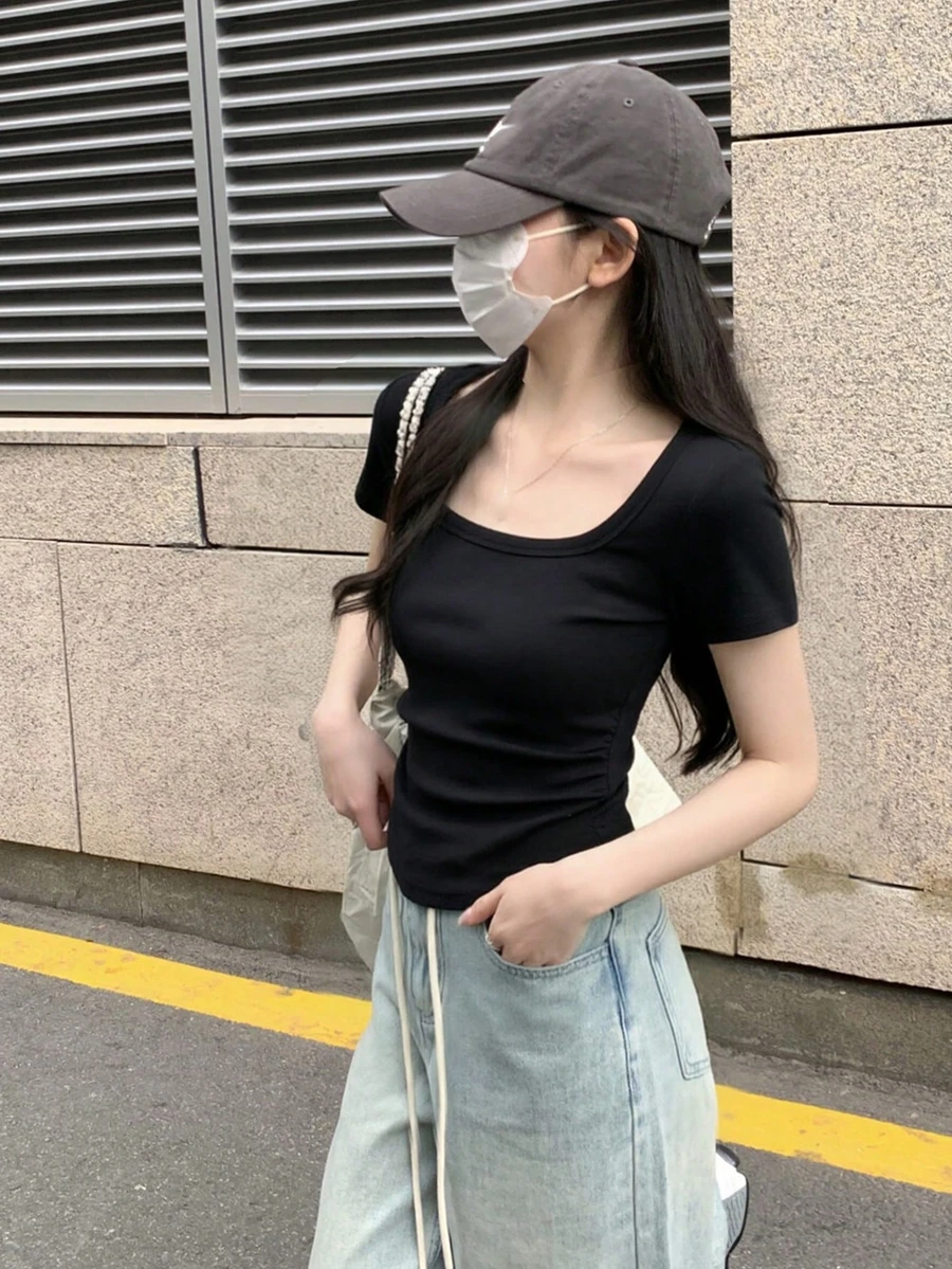 韓式方領短袖抽褶腰短版上衣 女款夏季休閒黑色 - 黑色 - 查看 1