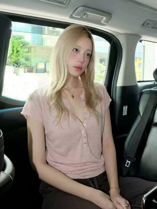 한국 스타일 솔리드 컬러 브이넥 반팔 티셔츠 여름 캐주얼 핑크