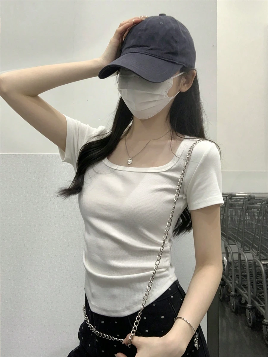 韓式方領短袖打褶腰身修身短版上衣 女款休閒白色夏季 - 白色 - 查看 1