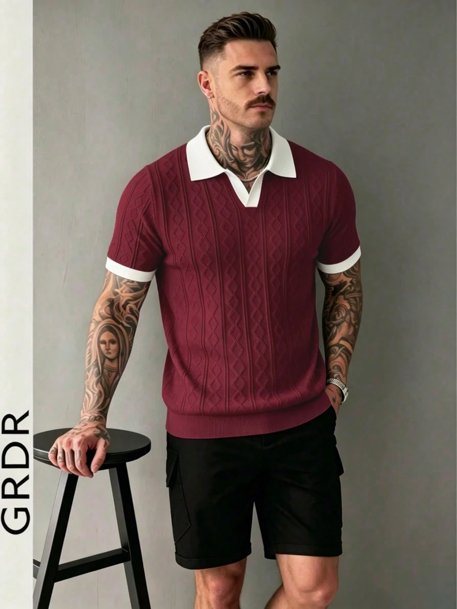GRDR 男士翻領夏季對比飾邊設計針織短袖上衣 - 時尚休閒 T-shirt - 中紫紅色 - 查看 1