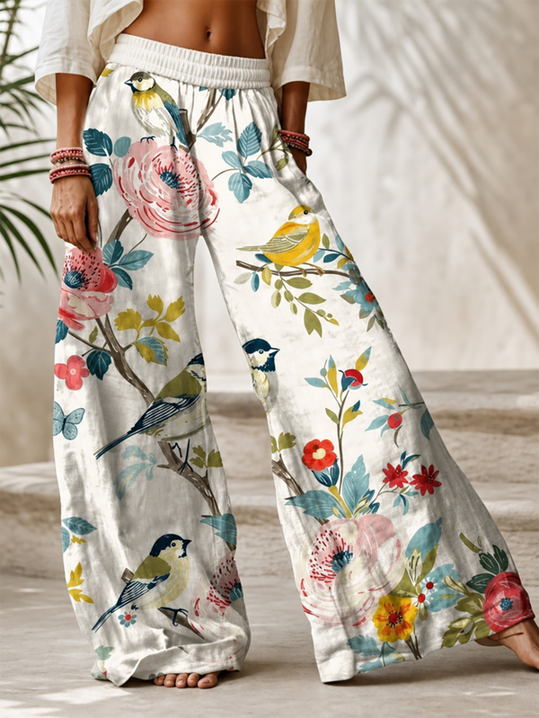 Quần ống rộng cạp chun in hoa và chim phong cách Bohemian cho nữ size lớn, quần dài vintage thanh lịch, dáng rộng đi biển du lịch