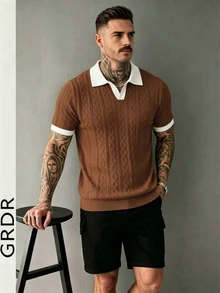 GRDR 男士針織短袖上衣，對比飾邊與設計細節，時尚休閒 T-shirt - 棕色 - 查看 1