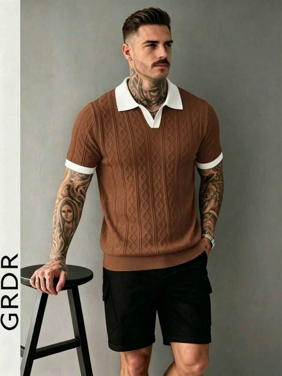 GRDR 男士針織短袖上衣,對比飾邊與設計細節,時尚休閒 T-shirt - 棕色 - 查看 1