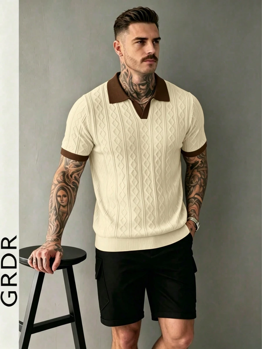 GRDR 男士針織短袖上衣,翻領設計搭配對比色飾邊,時尚休閒 T-shirt - 杏色 - 查看 1