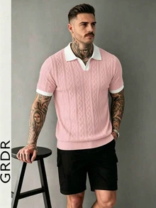 GRDR Men's Knit Short Sleeve Top With Contrast Trim Design, Summer Fashion Casual T-Shirt - Pink - View 1