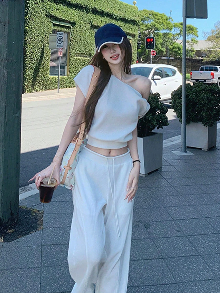 女士纯色不对称领休闲T恤 白色 夏季 - 白色 - 查看 1