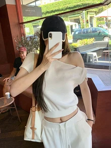 女士纯色不对称领休闲T恤 白色 夏季 - 白色 - 查看 2