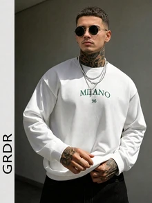 GRDR 純白色基礎款 MILANO 96 綠色刺繡圓領運動衫 男款寬鬆落肩套頭長袖上衣 - 白色 - 查看 2