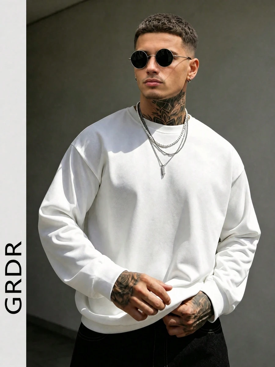 GRDR Pure White Plain Crew Neck Sweatshirt Men All-Match Loose Drop Shoulder Versatile Long Sleeve Pullover Top