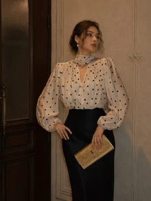 Women's Elegant Polka Dot Chiffon Blouse With Lantern Long Sleeves And LED Lights, Ruched Shoulders, Loose V-Neck Top, Halloween Vacation - Apricot - View 5
