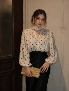 Women's Elegant Polka Dot Chiffon Blouse With Lantern Long Sleeves And LED Lights, Ruched Shoulders, Loose V-Neck Top, Halloween Vacation - Apricot - View 2
