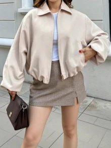 Women's Beige Zip Pocket Jacket - Casual Loose Lapel Outerwear, Suitable For Spring And Autumn, Quiet Luxury - Beige - View 3