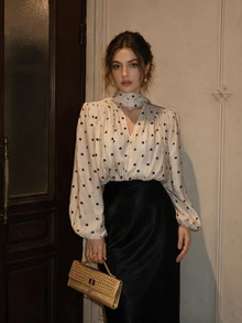 Women's Elegant Polka Dot Chiffon Blouse With Lantern Long Sleeves And LED Lights, Ruched Shoulders, Loose V-Neck Top, Halloween Vacation - Apricot - View 3