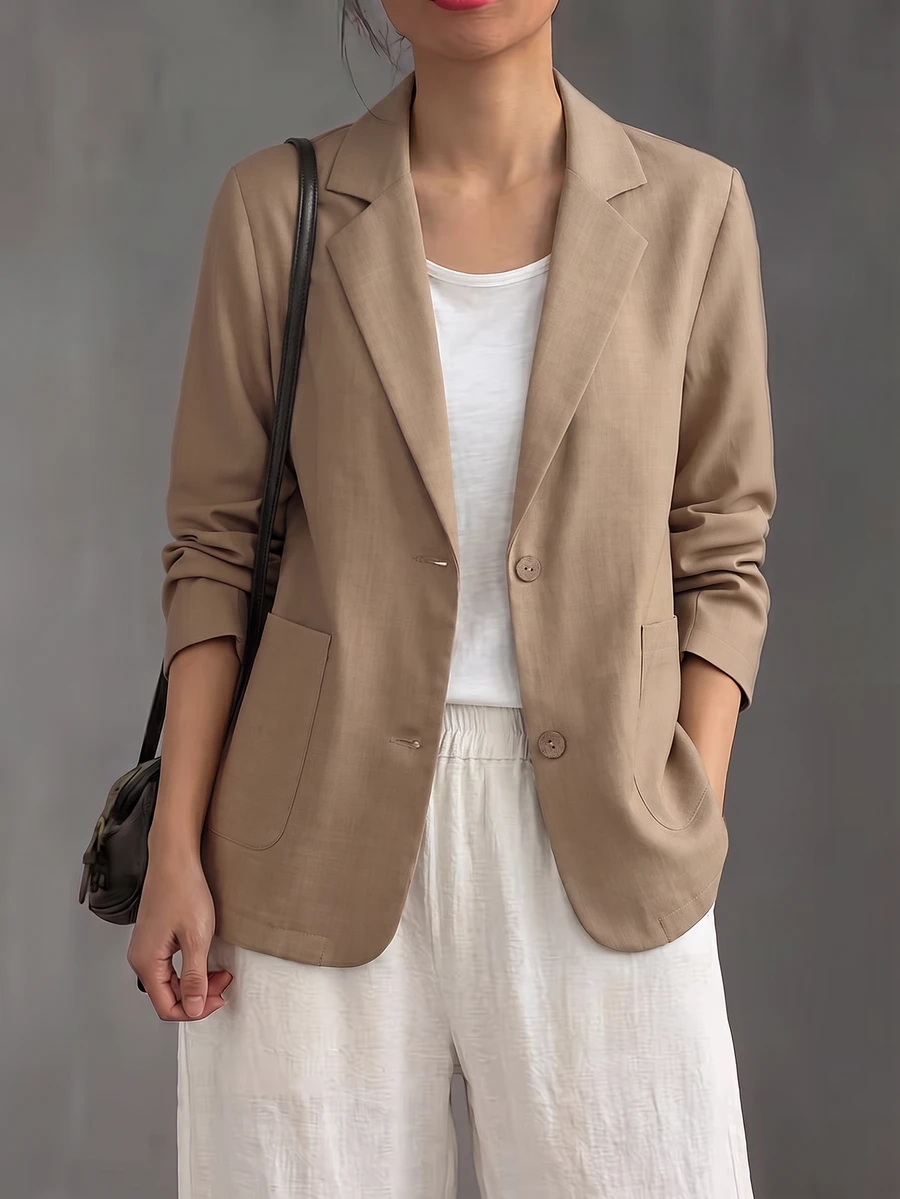 Women's Khaki Lapel 2-Button Long Sleeve Casual Blazer, Minimalist Commuter Relaxed Fit Versatile Slimming Jacket For Autumn Fall - Earthy Yellow - View 1