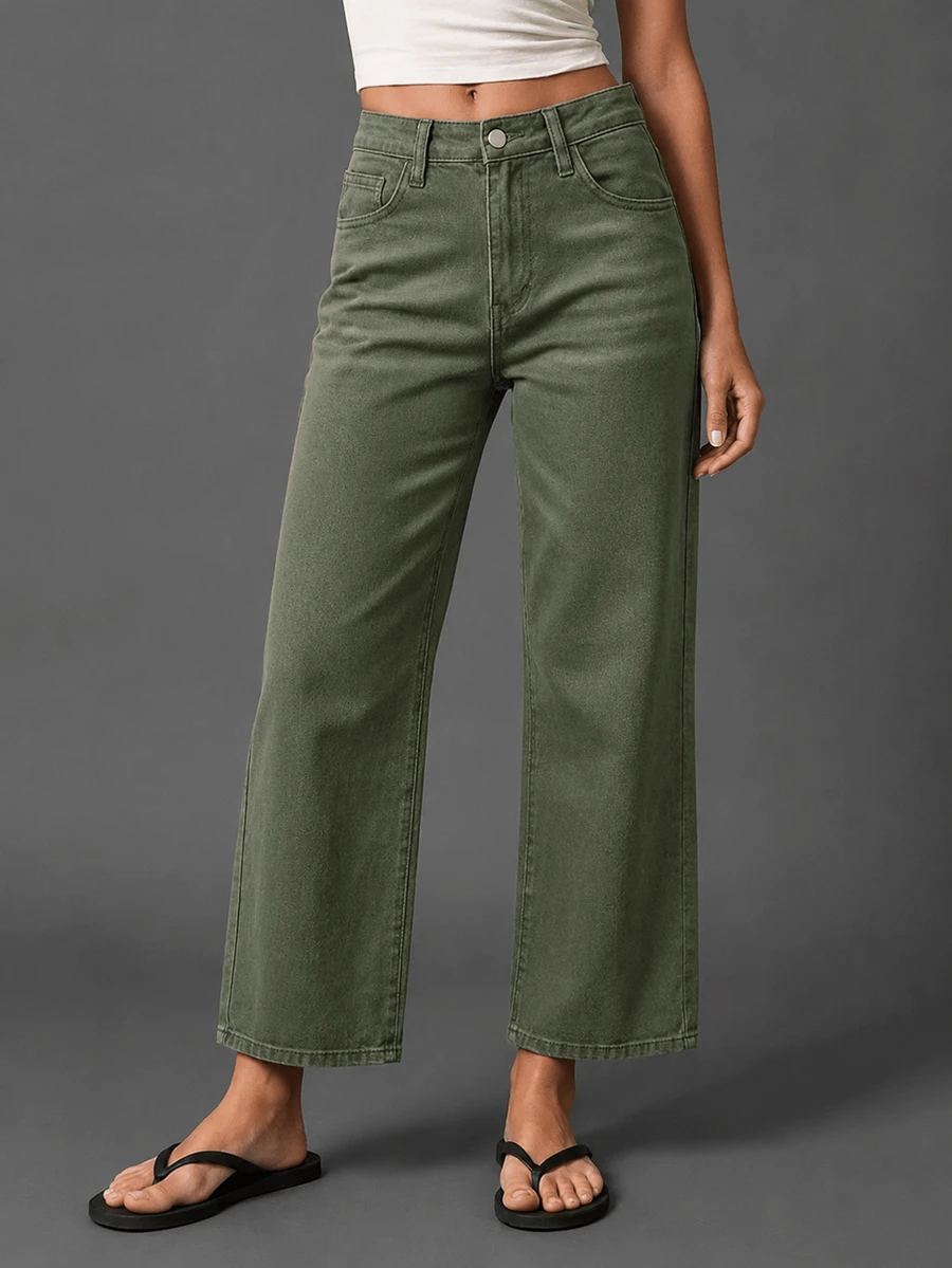 Women's Fashionable Green Straight-Leg Jeans - High-Quality Denim Jeans For Stylish Look Casual Spring Fall