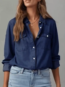 New Fashionable Casual Solid Color Washed Denim Shirt - Suitable For School, Vacation, Daily Wear, All Seasons - Dark Blue - View 1