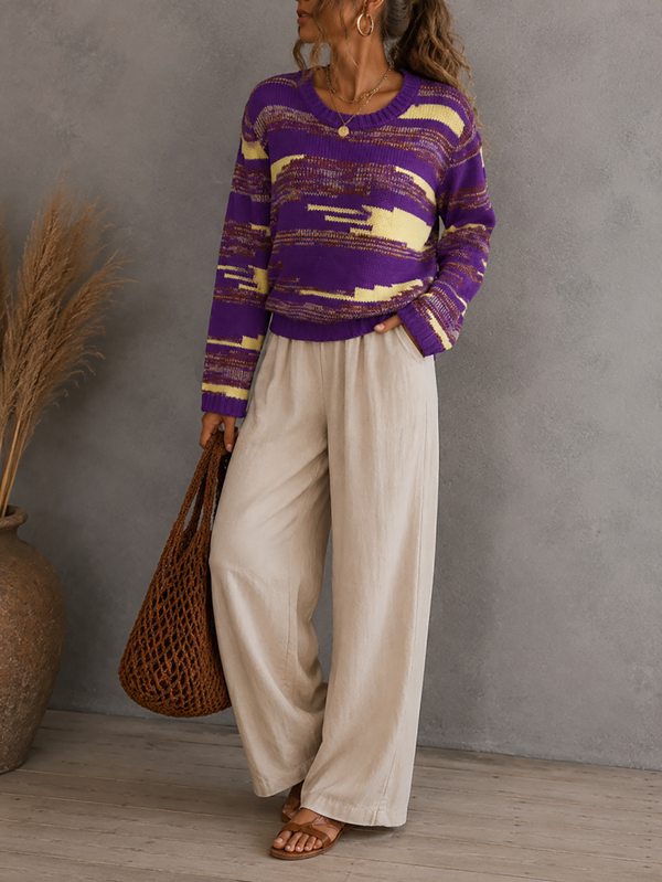 Women's Purple Striped Knit Sweater, Autumn/Winter New Round Neck Long Sleeve Pullover, European And American Casual Loose Slimming Versatile Knit Top, Yellow Contrast Color Pattern Design, Fashion Retro Y2K Style Women's Clothing