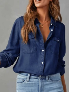 New Fashionable Casual Solid Color Washed Denim Shirt - Suitable For School, Vacation, Daily Wear, All Seasons - Dark Blue - View 2