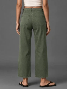Women's Fashionable Green Straight-Leg Jeans - High-Quality Denim Jeans For Stylish Look Casual Spring Fall - Dark Green - View 3
