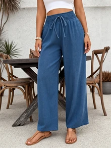 Plus Size Women's Solid Color Drawstring Wide Leg Long Pants, Suitable For Casual Beach Wear - Blue - View 2