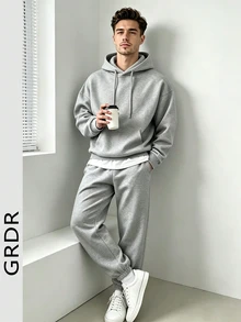 GRDR American Minimalist Basic Gray Loose Hoodie & Jogger Pants Casual Set For Men - Grey - View 2