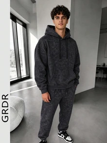 GRDR Men's Autumn Streetwear Washed Print Pattern Long Sleeve Drawstring Hooded Fleece Sweatshirt And Sweatpants Casual Loose Fit Set - Black - View 1