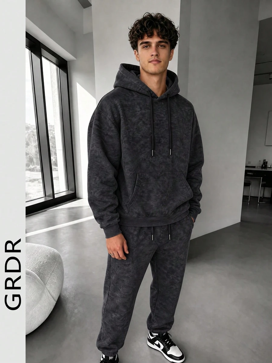 GRDR Men's Autumn Streetwear Washed Print Pattern Long Sleeve Drawstring Hooded Fleece Sweatshirt And Sweatpants Casual Loose Fit Set - Black - View 1