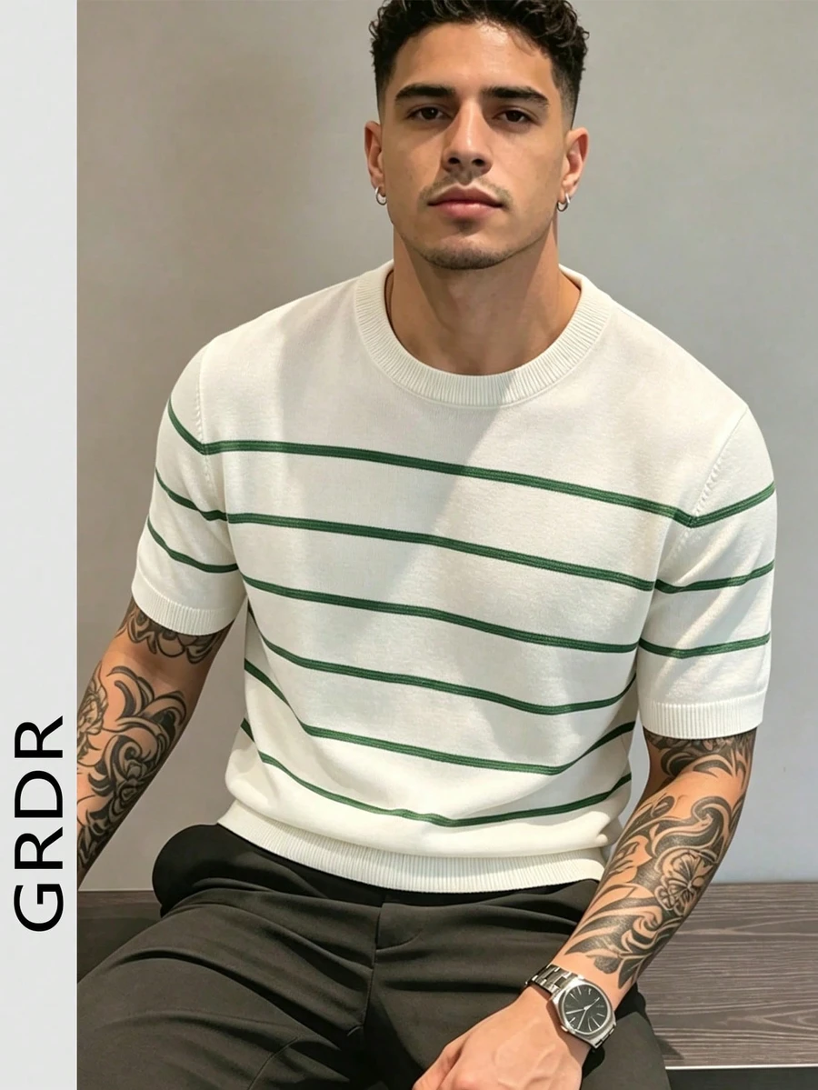 GRDR American Vintage Striped Ice-Feel Knit Top Men's Minimalist Commute Crew Neck Short Sleeve - White - View 1
