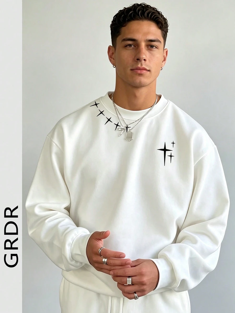GRDR Men's Spring/Autumn Minimalist Four-Pointed Star Small Print Crew Neck Sweatshirt, Casual Loose Fit Solid Color Pullover - White - View 1