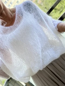 白色馬海毛透視針織罩衫，寬鬆蝙蝠袖罩衫，女款夏季上衣，夏季休閒海灘秋季 - 白色 - 查看 2