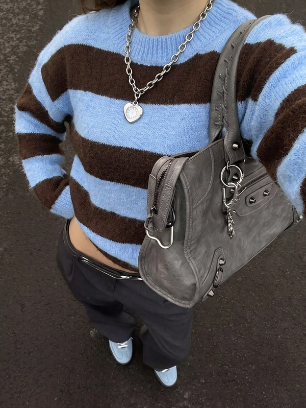 2026 Autumn New Women's Contrast Color Striped Mohair Texture Blue & Brown Striped Pullover, Back To School Outfit, Autumn Outfit, Women's Casual Top, Streetwear, Commuter Outfit, Women's Birthday Outfit, Women's Elegant Outfit