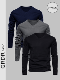 GRDR 3 pièces T-shirts à manches longues col en V pour hommes, style basique de couleur unie, convient pour le port en superposition ou seul, essentiel pour le printemps/automne