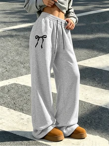 Comfortable Plus Size Women's Wide Leg Pants, Adjustable Drawstring Waist, Long Loose Fit, Suitable For Daily Wear - Grey - View 4
