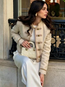 Women's Beige Fitted New Chinese Style Stand Collar Frog Button Pocket Jacket, Spring/Autumn Outerwear - Beige - View 2