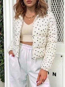 Women's Beige Polka Dot Quilted Slim Fit Zip-Up Hooded Jacket With Drawstring Hem - Beige - View 7