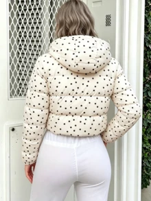 Women's Beige Polka Dot Quilted Slim Fit Zip-Up Hooded Jacket With Drawstring Hem - Beige - View 9