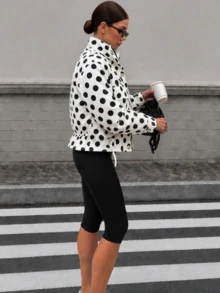 Women's Polka Dot Colorblock All-Over Print Woven Fabric Drawstring Pocket Metal Button Patchwork Collar Cinched Waist Jacket For Daily Spring And Autumn - White Polka Dots - View 2