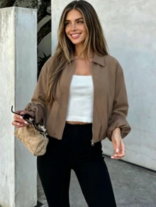 Women's Chestnut Zip Pocket Jacket - Casual Loose Lapel Spring/Autumn Coat - Maroon - View 2