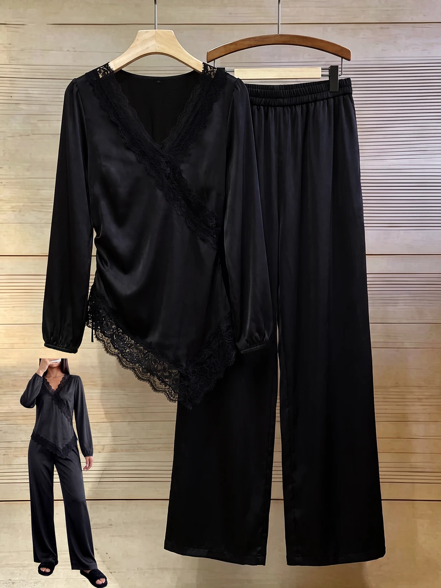 Women's Lace Patchwork V-Neck Long Sleeve Top And Pants Casual Daily Set - Black - View 1