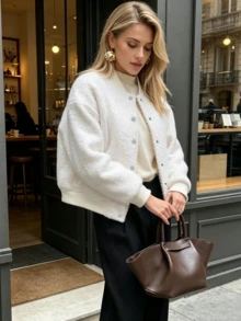 Women's White Casual Loose Jacket, Button Front With Pockets, Long Sleeve Street Style Coat For Autumn/Winter Spring - White - View 2
