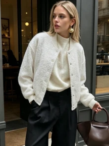 Women's White Casual Loose Jacket, Button Front With Pockets, Long Sleeve Street Style Coat For Autumn/Winter Spring - White - View 1