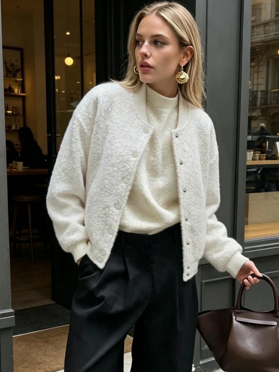 Women's White Casual Loose Jacket, Button Front With Pockets, Long Sleeve Street Style Coat For Autumn/Winter Spring - White - View 1