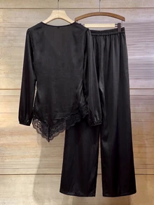 Women's Lace Patchwork V-Neck Long Sleeve Top And Pants Casual Daily Set - Black - View 2