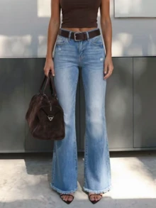 Women's Casual Distressed Denim Flare Jeans, Long, Medium Stretch, Frayed Hem, Modern Denim Girl Style - Medium Wash - View 8
