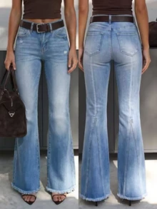 Women's Casual Distressed Denim Flare Jeans, Long, Medium Stretch, Frayed Hem, Modern Denim Girl Style - Medium Wash - View 7