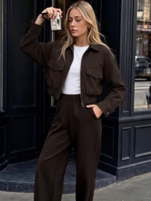 Women's Coffee Brown Zipper Utility Jacket, Oversized Dropped Shoulder Practical Coat With Flap Pockets, Suitable For Spring And Autumn - Coffee Brown - View 3