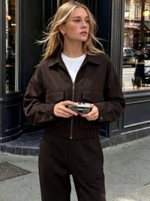 Women's Coffee Brown Zipper Utility Jacket, Oversized Dropped Shoulder Practical Coat With Flap Pockets, Suitable For Spring And Autumn - Coffee Brown - View 4