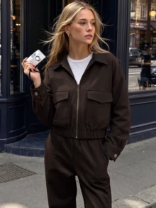 Women's Coffee Brown Zipper Utility Jacket, Oversized Dropped Shoulder Practical Coat With Flap Pockets, Suitable For Spring And Autumn - Coffee Brown - View 2