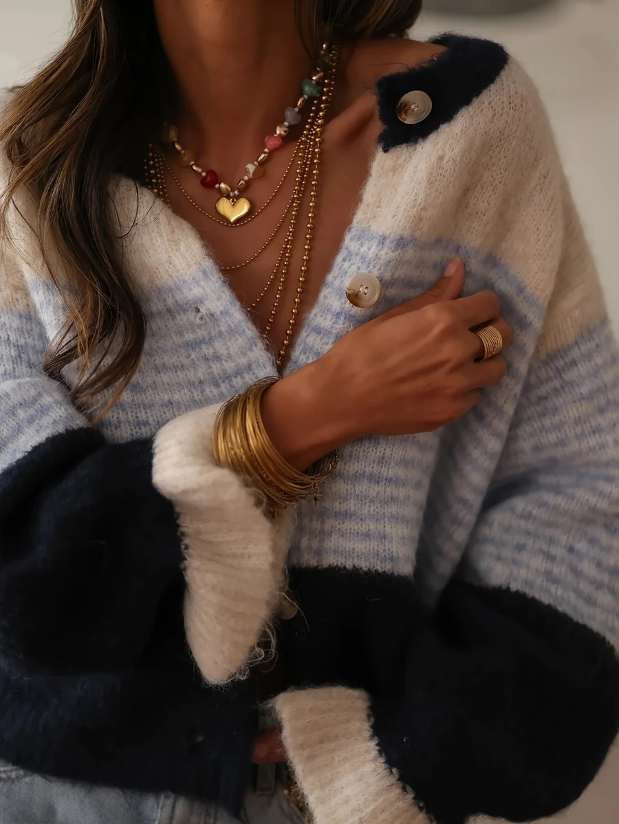 Women's Colorblock Striped Cardigan, New Autumn Loose Slouchy Knit Jacket, Round Neck Ruffle Cuff Sweater, French Slouchy Fall - Mixed Colors - View 1