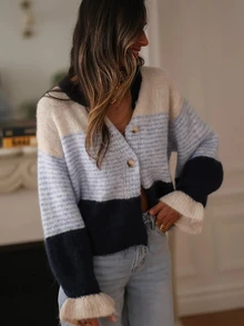 Women's Colorblock Striped Cardigan, New Autumn Loose Slouchy Knit Jacket, Round Neck Ruffle Cuff Sweater, French Slouchy Fall - Mixed Colors - View 2